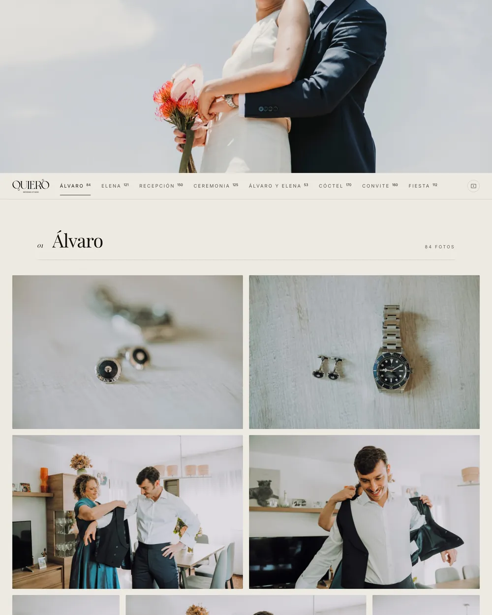 Galería de boda dividida en momentos: Álvaro, Elena, ceremonia, cóctel…