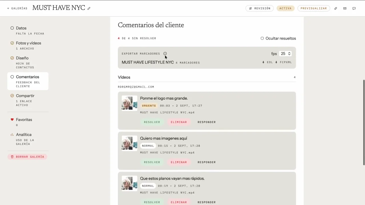 Gallery dashboard with the client's comments, each with its timecode and priority