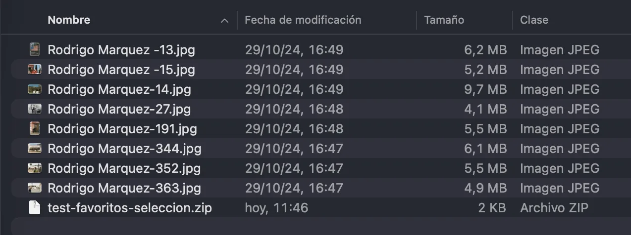 Ventana del Finder con las fotografías originales y el archivo test-favoritos-seleccion.zip dentro de la misma carpeta