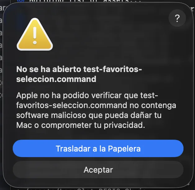 Aviso de macOS que dice que no se ha abierto el archivo porque Apple no ha podido verificar que no contenga software malicioso, con los botones Trasladar a la Papelera y Aceptar