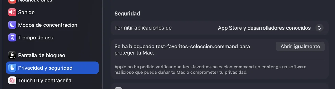 Ajustes del Sistema, sección Privacidad y seguridad, con el mensaje de que se ha bloqueado el archivo y el botón Abrir igualmente