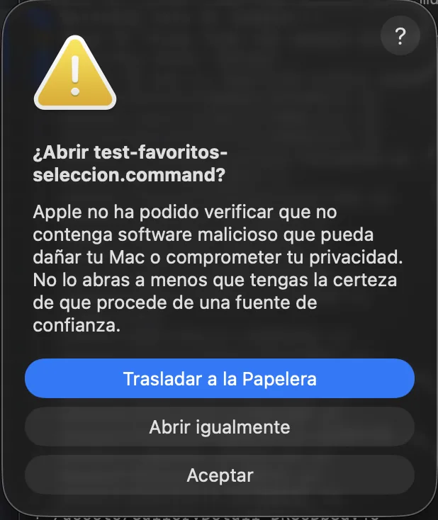 Diálogo de confirmación con tres botones: Trasladar a la Papelera, Abrir igualmente y Aceptar