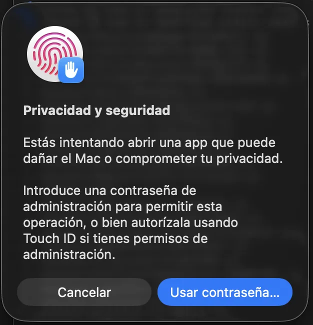 Solicitud de contraseña de administración o Touch ID para permitir la apertura